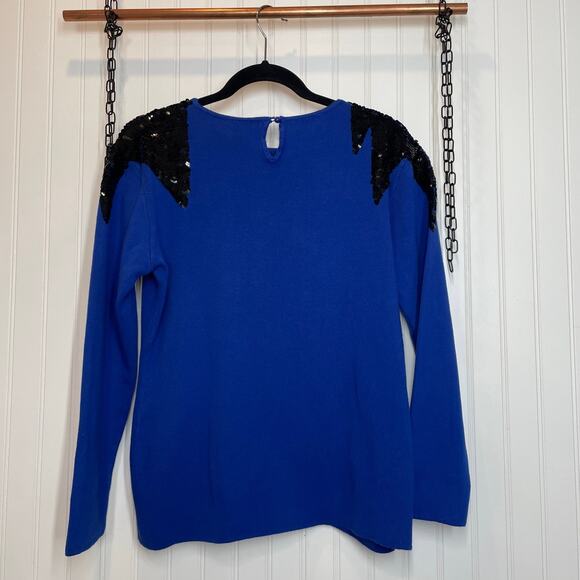 Anne Klein Vintage Blue & Black Sequin Cotton Crew Neck Pullover Sweater Size S - Picture 2 of 5